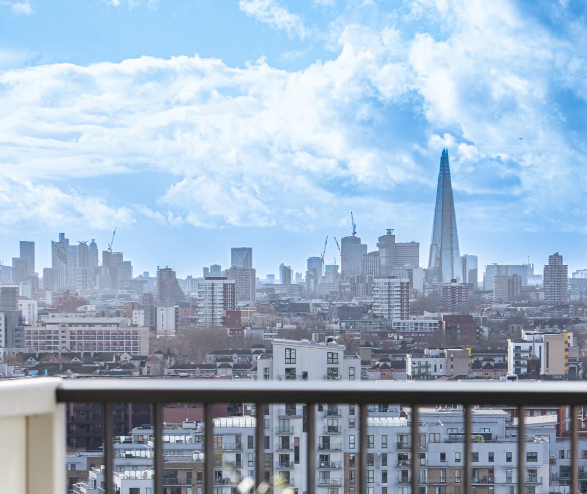 The London skyline seen from the balcony of an apartment we operate